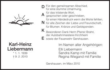 Traueranzeige von Karl-Heinz Liebermann von HERSFELDER ZEITUNG