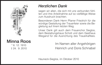 Traueranzeige von Minna Roos von HERSFELDER ZEITUNG