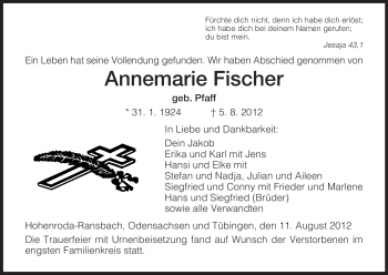 Traueranzeige von Annemarie Fischer von HERSFELDER ZEITUNG