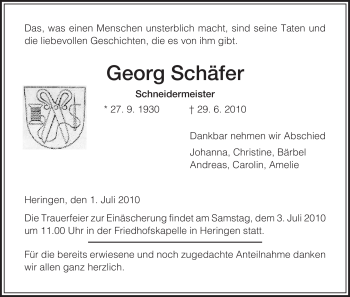 Traueranzeige von Georg Schäfer von HERSFELDER ZEITUNG