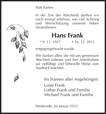 Traueranzeige von Hans Frank von HERSFELDER ZEITUNG