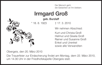 Traueranzeige von Irmgard Groß von HERSFELDER ZEITUNG