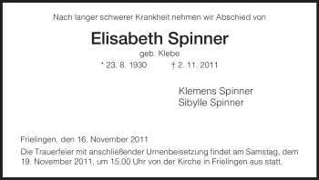 Traueranzeige von Elisabeth Spinner von HERSFELDER ZEITUNG