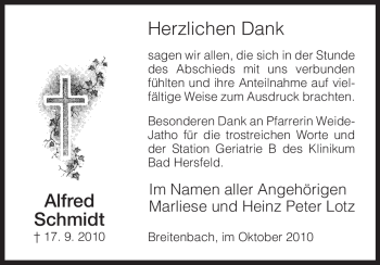 Traueranzeige von Alfred Schmidt von HERSFELDER ZEITUNG