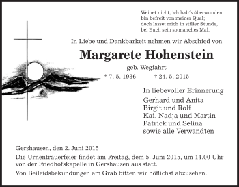 Traueranzeige von Margarete Hohenstein von Hersfeld