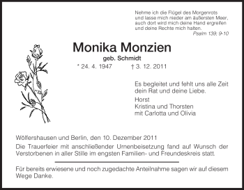 Traueranzeige von Monika Monzien von HERSFELDER ZEITUNG