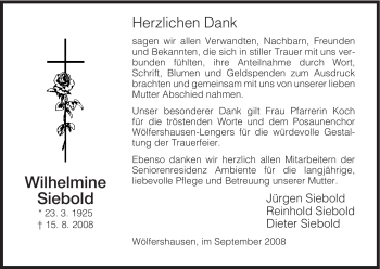 Traueranzeige von Wilhelmine Siebold von HERSFELDER ZEITUNG