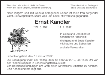 Traueranzeige von Ernst Kandler von HERSFELDER ZEITUNG