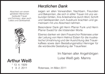 Traueranzeige von Arthur Weiß von HERSFELDER ZEITUNG