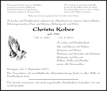 Traueranzeige von Christa Kober von HERSFELDER ZEITUNG