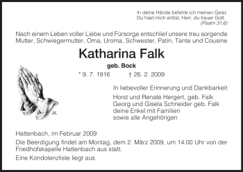 Traueranzeige von Katharina Falk von HERSFELDER ZEITUNG