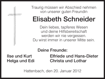 Traueranzeige von Elisabeth Schneider von HERSFELDER ZEITUNG