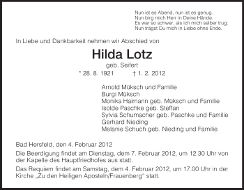 Traueranzeige von Hilda Lotz von HERSFELDER ZEITUNG