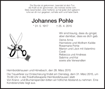 Traueranzeige von Johannes Pohle von Hersfeld