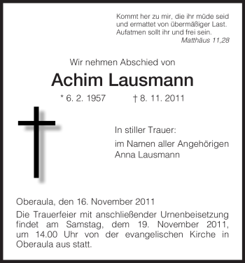 Traueranzeige von Achim Lausmann von HERSFELDER ZEITUNG