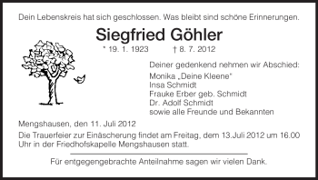 Traueranzeige von Siegfried Göhler von HERSFELDER ZEITUNG