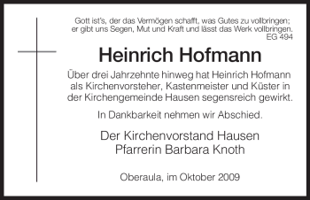 Traueranzeige von Heinrich Hofmann von HERSFELDER ZEITUNG