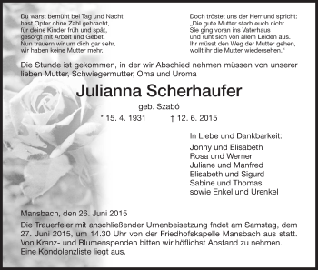 Traueranzeige von Julianna Scherhaufer von Hersfeld