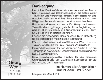 Traueranzeige von Georg Wenk von HERSFELDER ZEITUNG