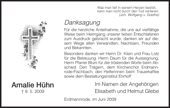 Traueranzeige von Amalie Hühn von HERSFELDER ZEITUNG