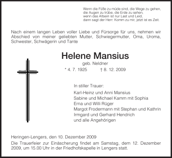 Traueranzeige von Helene Mansius von HERSFELDER ZEITUNG