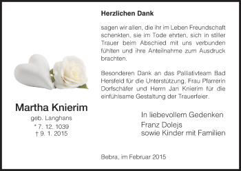 Traueranzeige von Martha Knierim von Hersfeld