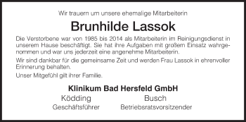 Traueranzeige von Brunhilde Lassok von Hersfeld