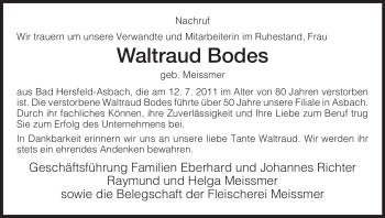 Traueranzeige von Waltraud Bodes von HERSFELDER ZEITUNG