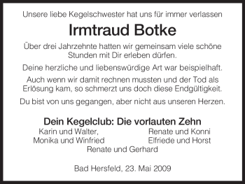 Traueranzeige von Irmtraud Botke von HERSFELDER ZEITUNG