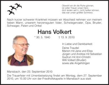 Traueranzeige von Hans Volkert von HERSFELDER ZEITUNG