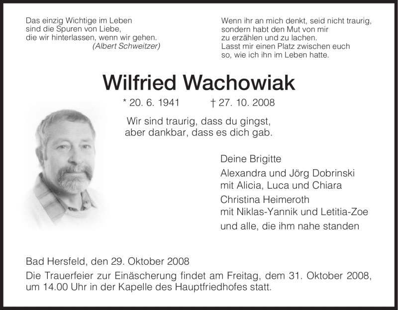  Traueranzeige für Wilfried Wachowiak vom 29.10.2008 aus HERSFELDER ZEITUNG