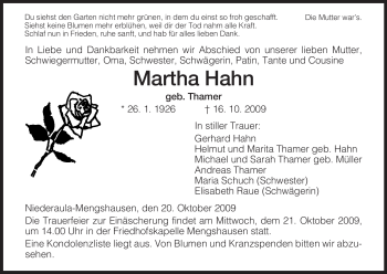 Traueranzeige von Martha Hahn von HERSFELDER ZEITUNG