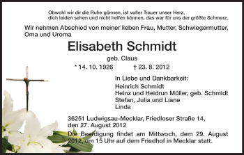 Traueranzeige von Elisabeth Schmidt von HERSFELDER ZEITUNG