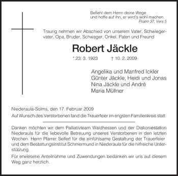 Traueranzeige von Robert Jäckle von HERSFELDER ZEITUNG