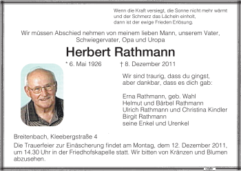 Traueranzeige von Herbert Rathmann von HERSFELDER ZEITUNG
