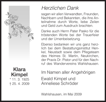 Traueranzeige von Klara Kimpel von HERSFELDER ZEITUNG