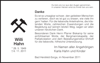 Traueranzeige von Willi Hahn von HERSFELDER ZEITUNG