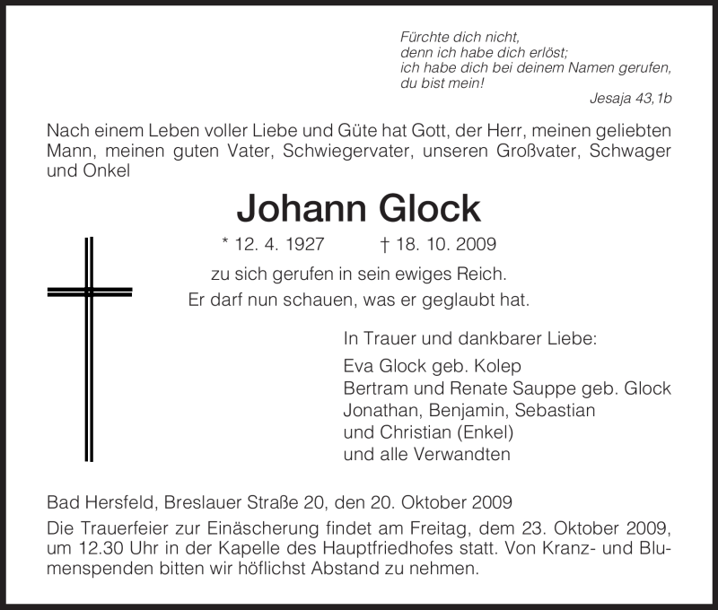  Traueranzeige für Johann Glock vom 20.10.2009 aus HERSFELDER ZEITUNG