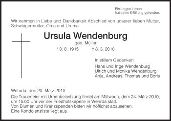 Traueranzeige von Ursula Wendenburg von HERSFELDER ZEITUNG