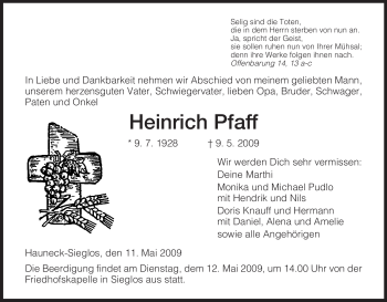 Traueranzeige von Heinrich Pfaff von HERSFELDER ZEITUNG