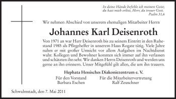 Traueranzeige von Johannes Karl Deisenroth von HERSFELDER ZEITUNG