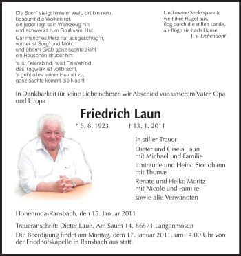 Traueranzeige von Friedrich Laun von HERSFELDER ZEITUNG