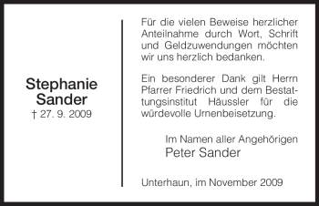 Traueranzeige von Stephanie Sander von HERSFELDER ZEITUNG