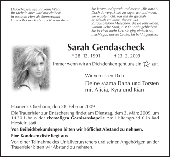 Traueranzeige von Sarah Gendascheck von HERSFELDER ZEITUNG