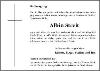 Traueranzeige von Albin Streit von HERSFELDER ZEITUNG