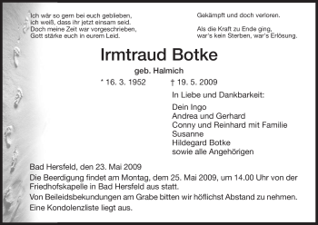 Traueranzeige von Irmtraud Botke von HERSFELDER ZEITUNG