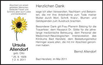 Traueranzeige von Ursula Allendorf von HERSFELDER ZEITUNG