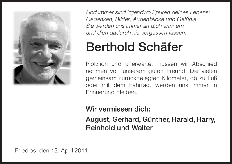  Traueranzeige für Berthold Schäfer vom 13.04.2011 aus HERSFELDER ZEITUNG