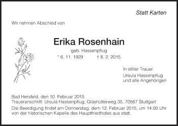 Traueranzeige von Erika Rosenhain von Hersfeld