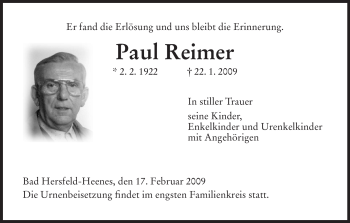 Traueranzeige von Paul Reimer von HERSFELDER ZEITUNG